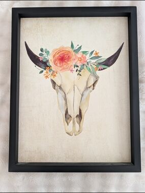 Boho Floral Cow Skull Wall Art Framed Print | Western Decor